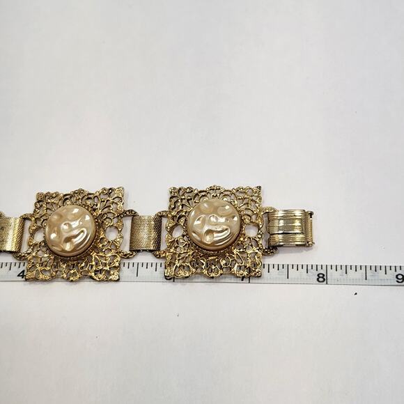 Filigree Gold Tone Panel Link Bracelet Faux Pearl Chunky Ornate Statement Retro - Picture 6 of 6